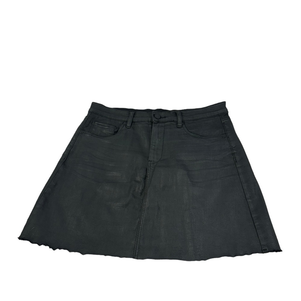 Blank NYC The Jane Mid Rise Raw Hem Coated Denim Jean A-line Mini Skirt Black 31